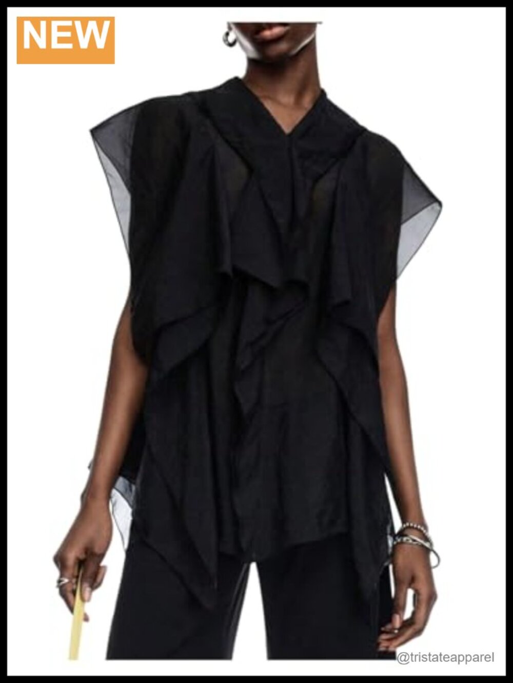 Ruffle Chiffon Blouse Asymmetrical Flowy V-Neck Cap Sleeve Women's Top